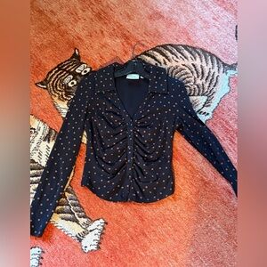 Anthropologie Black top with Brown Polka Dots
